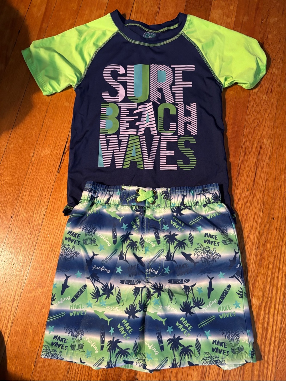 Kids Surf Beach Waves Rash Guard Set - Navy & Lime